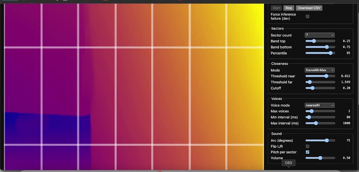 Depth-to-Sound app: a colour depth map split into sectors, next to the live tuning panel
